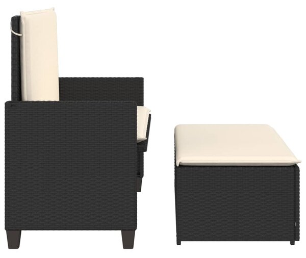 Fekete polyrattan kerti pad párnákkal és lábtartóval