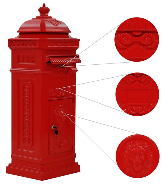 Piros, vintage, rozsdamentes alumínium álló postaláda