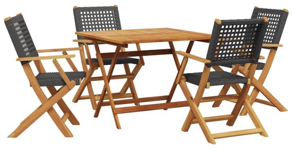 5 részes fekete polyrattan és tömör fa kerti étkezőgarnitúra