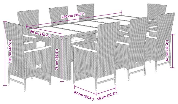 VidaXL Polyrattan Kerti Étkezőgarnitúra - 9 részes - Fekete