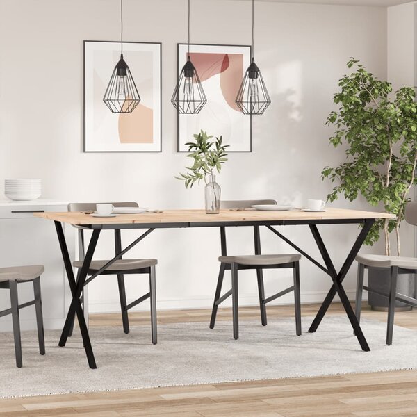 Tömör fenyőfa és acél étkezőasztal X-vázzal 180x90x75 cm