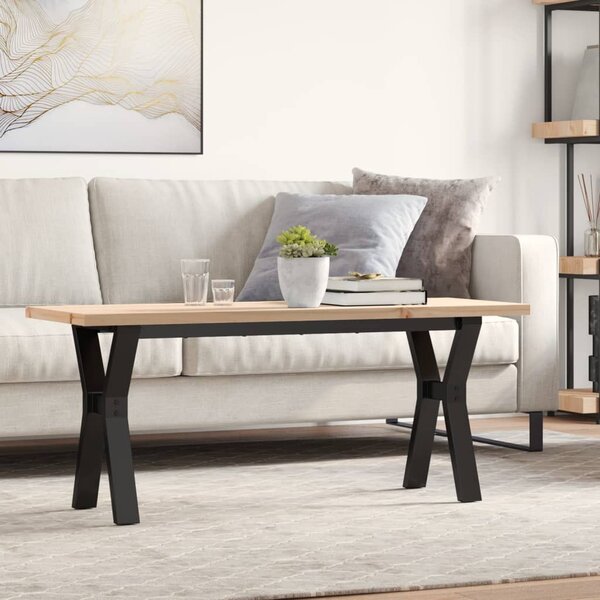 Tömör fenyőfa és acél Y-vázú dohányzóasztal 110x40x45,5 cm