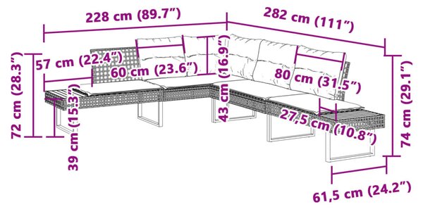 Szürke polyrattan és akácfa L-alakú kerti kanapé párnával