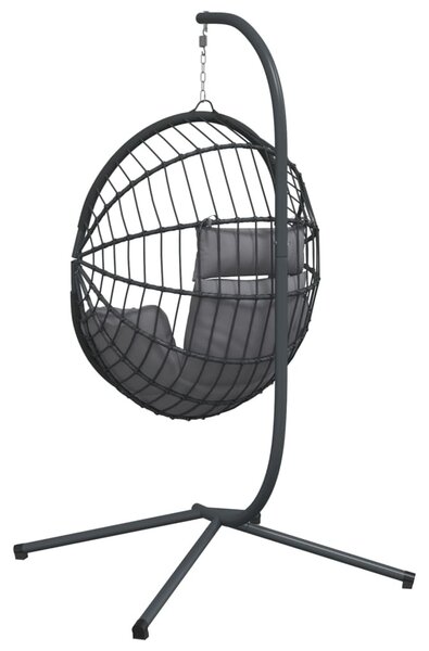 Szürke rattan és acél függő kagylószék állvánnyal