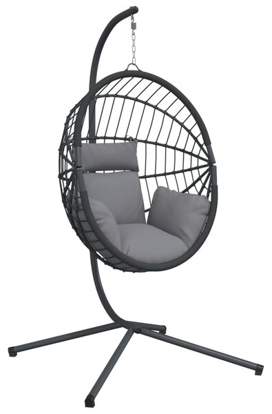 Szürke rattan és acél függő kagylószék állvánnyal