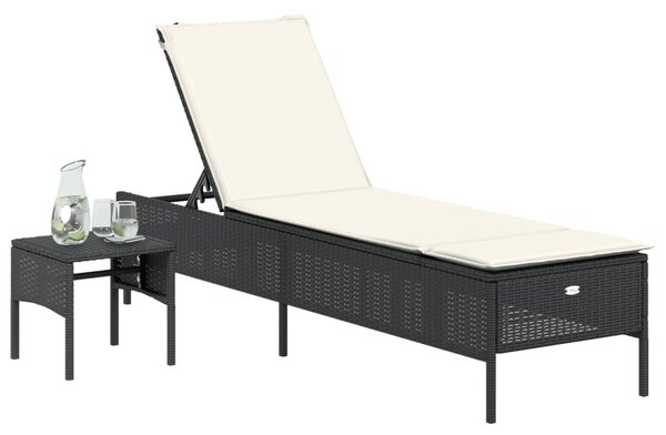 VidaXL fekete polyrattan napozóágy asztallal és párnával