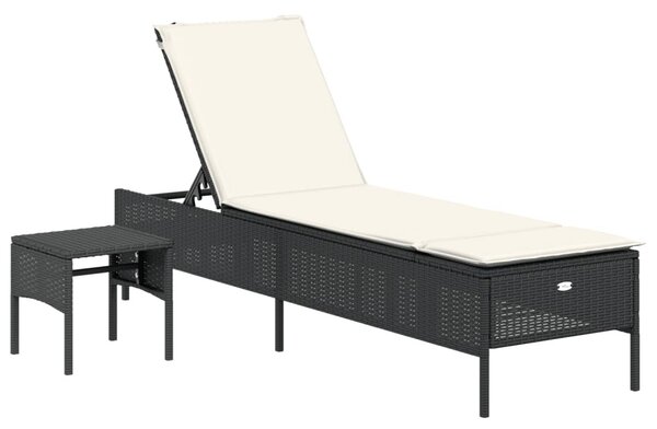 VidaXL fekete polyrattan napozóágy asztallal és párnával