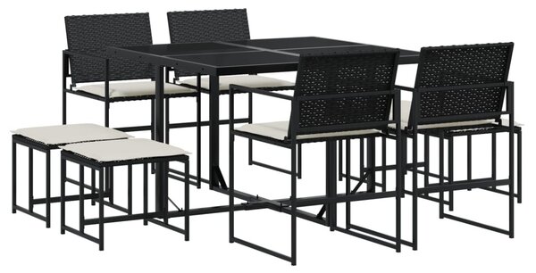 9 részes fekete polyrattan kerti étkezőgarnitúra párnákkal