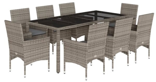 9 részes szürke polyrattan/üveg kerti étkezőgarnitúra párnával