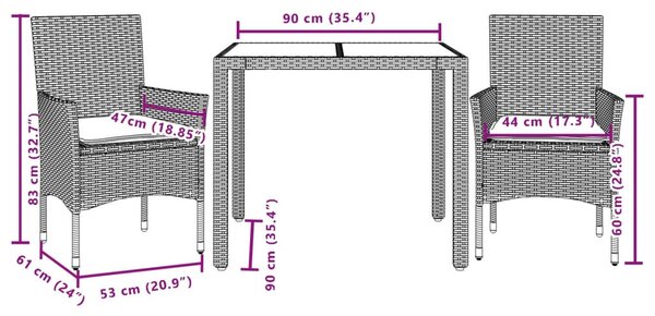 3 részes szürke polyrattan/üveg kerti étkezőgarnitúra párnával