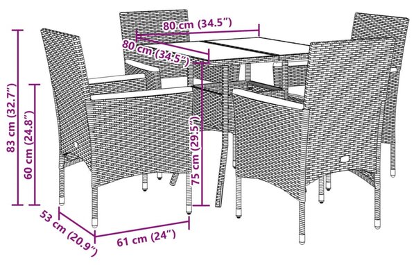 5 részes bézs polyrattan/akácfa kerti étkezőgarnitúra párnákkal