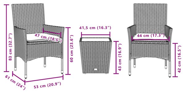 3 részes szürke polyrattan/üveg bisztrógarnitúra párnákkal