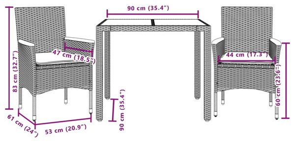 3 részes bézs polyrattan/akácfa kerti étkezőgarnitúra párnákkal
