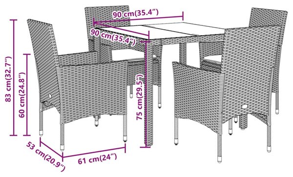 5 részes szürke polyrattan/üveg kerti étkezőgarnitúra párnával