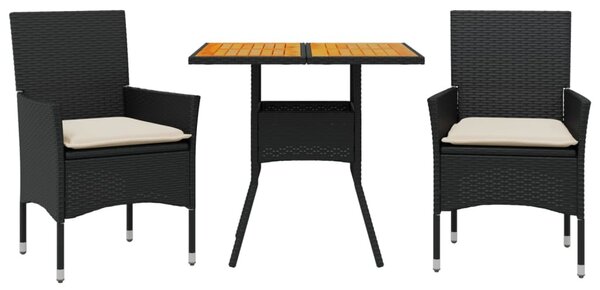 3részes fekete polyrattan/akácfa kerti étkezőgarnitúra párnákkal