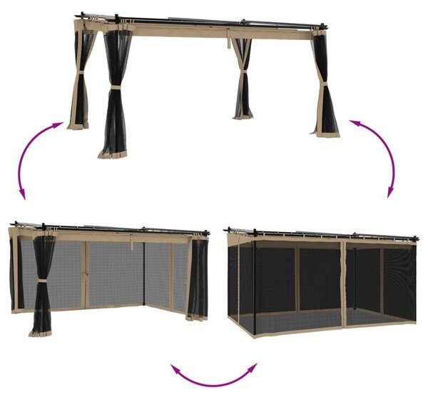 Tópszínű acél pavilon hálós oldalakkal 4 x 3 m