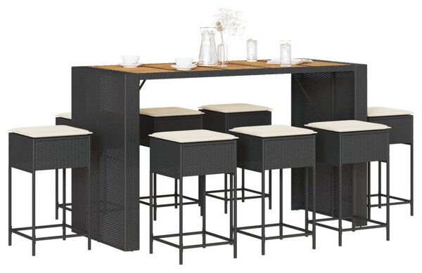 9 részes fekete polyrattan kerti bárszett párnával