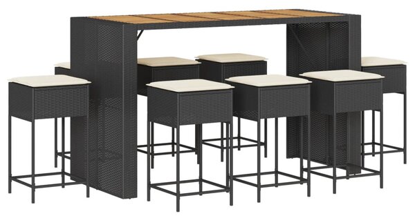 9 részes fekete polyrattan kerti bárszett párnával