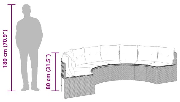 Félkör alakú fekete polirattan kerti kanapé párnákkal