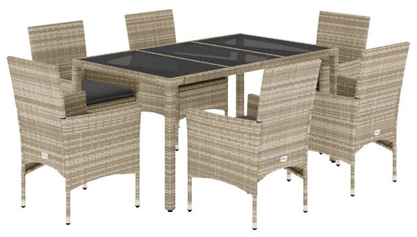 7 részes szürke polyrattan/üveg kerti étkezőgarnitúra párnákkal