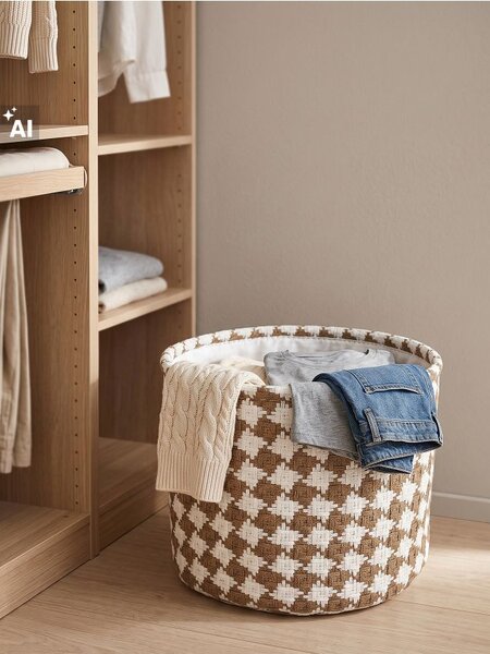 Sinsay - Kerek textil tárolókosár tyúklábmintával - barna