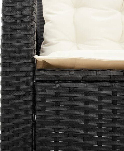 L-alakú fekete polyrattan kerti kanapé asztallal és párnával