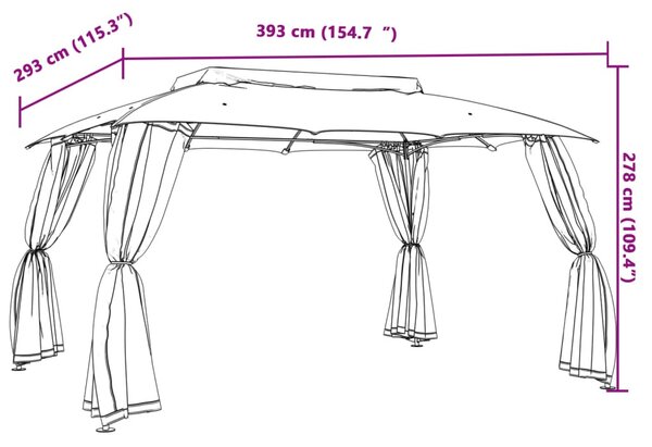 Tópszínű acél dupla tetős pavilon hálós falakkal 3,93 x 2,93 m