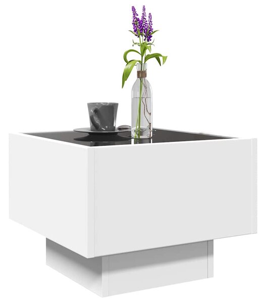 Fehér szerelt fa kisasztal LED-del 40 x 40 x 30 cm