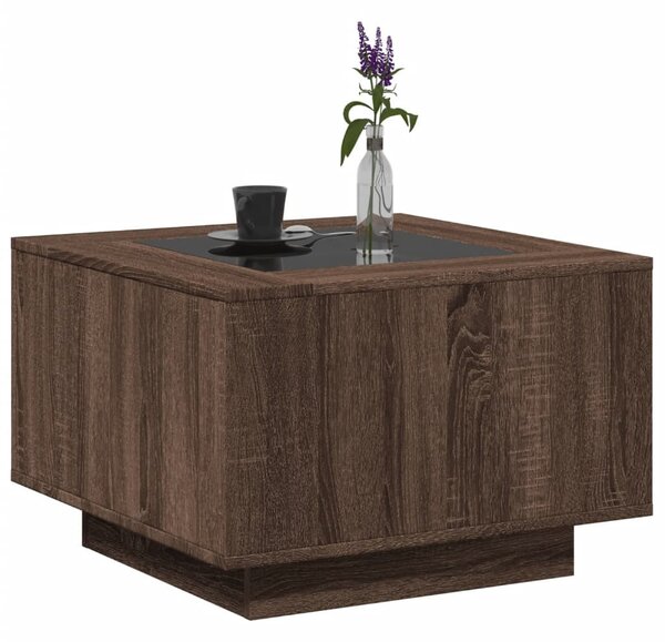 Barna tölgy szerelt fa dohányzóasztal LED-del 60 x 60 x 40 cm