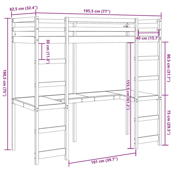 Viaszbarna tömör fenyő galériaágy-keret matrac nélkül 75x190 cm