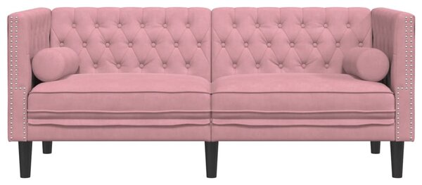 2 személyes rózsaszín bársony Chesterfield kanapé párnákkal