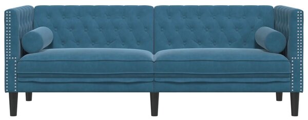 3 személyes kék bársony Chesterfield kanapé hengerpárnákkal