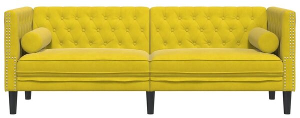3 személyes sárga bársony Chesterfield kanapé hengerpárnákkal