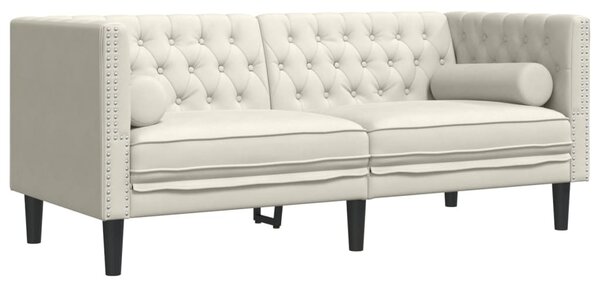 2 személyes krémszínű bársony Chesterfield kanapé párnákkal