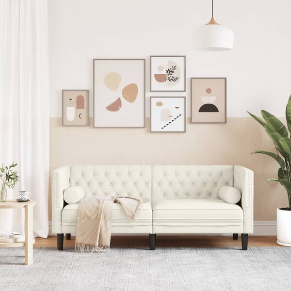 2 személyes krémszínű bársony Chesterfield kanapé párnákkal