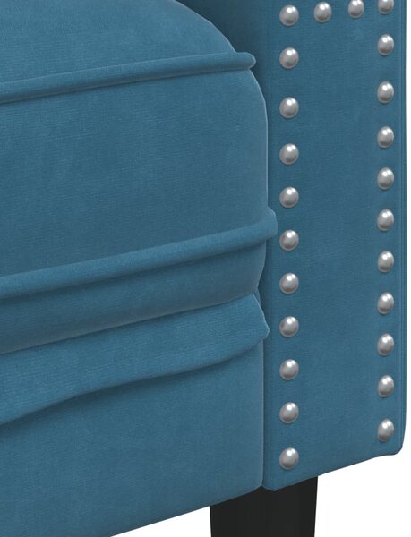 3 személyes kék bársony Chesterfield kanapé hengerpárnákkal