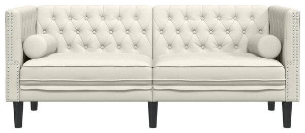 2 személyes krémszínű bársony Chesterfield kanapé párnákkal
