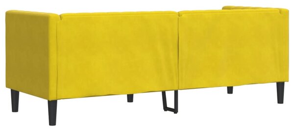 3 személyes sárga bársony Chesterfield kanapé hengerpárnákkal