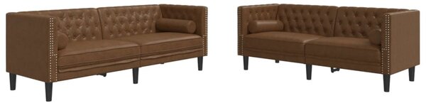 2 részes barna művelúr Chesterfield kanapészett hengerpárnákkal