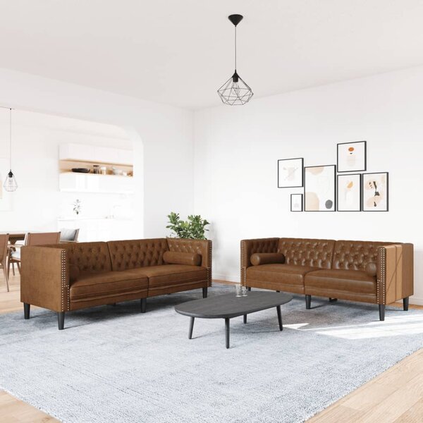 2 részes barna művelúr Chesterfield kanapészett hengerpárnákkal