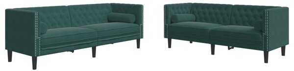 2 részes sötétzöld bársony Chesterfield kanapészett párnákkal