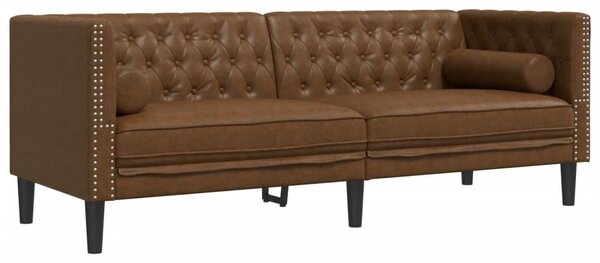 2 részes barna művelúr Chesterfield kanapészett hengerpárnákkal
