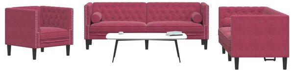 3 részes bordó bársony Chesterfield kanapészett hengerpárnákkal