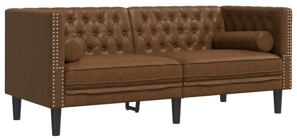 2 részes barna művelúr Chesterfield kanapészett hengerpárnákkal