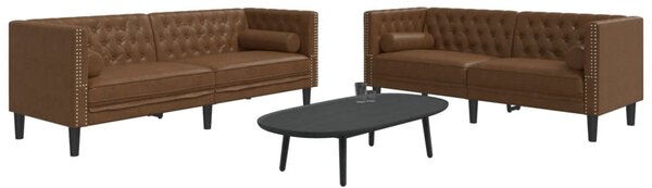 2 részes barna művelúr Chesterfield kanapészett hengerpárnákkal