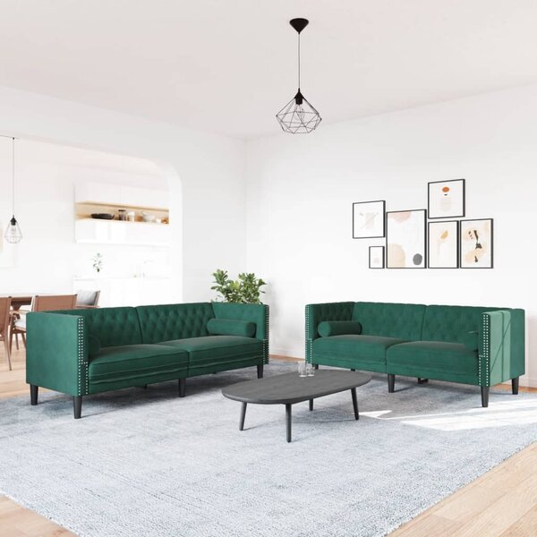 2 részes sötétzöld bársony Chesterfield kanapészett párnákkal