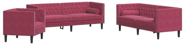 3 részes bordó bársony Chesterfield kanapészett hengerpárnákkal