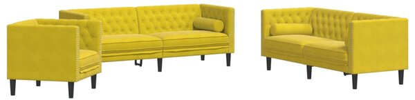 3 részes sárga bársony Chesterfield kanapészett hengerpárnákkal
