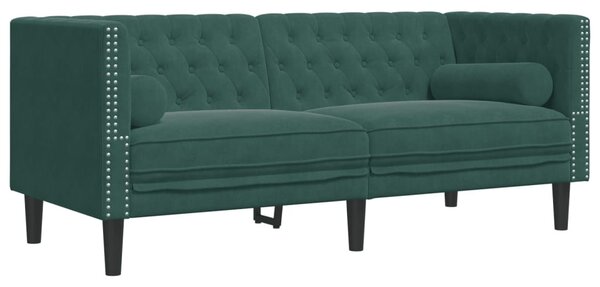 2 részes sötétzöld bársony Chesterfield kanapészett párnákkal