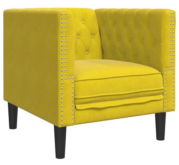 3 részes sárga bársony Chesterfield kanapészett hengerpárnákkal